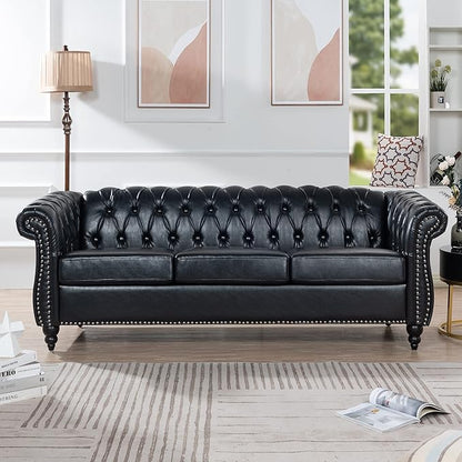 Home Sofa Living Room Furniture, 3 Seater Leather Upholstered Sofa Couch, Modern Comfy Couch with Faux Leather Cushions, Mid Century Tufted Chesterfield Sofas for Bedroom, Office, Apartment (Black)