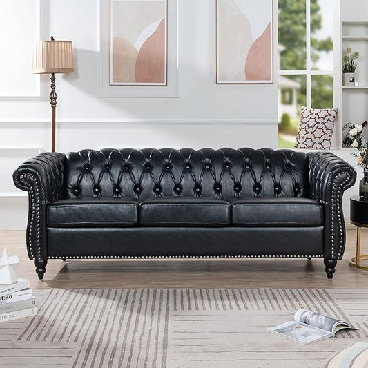 Home Sofa Living Room Furniture, 3 Seater Leather Upholstered Sofa Couch, Modern Comfy Couch with Faux Leather Cushions, Mid Century Tufted Chesterfield Sofas for Bedroom, Office, Apartment (Black)