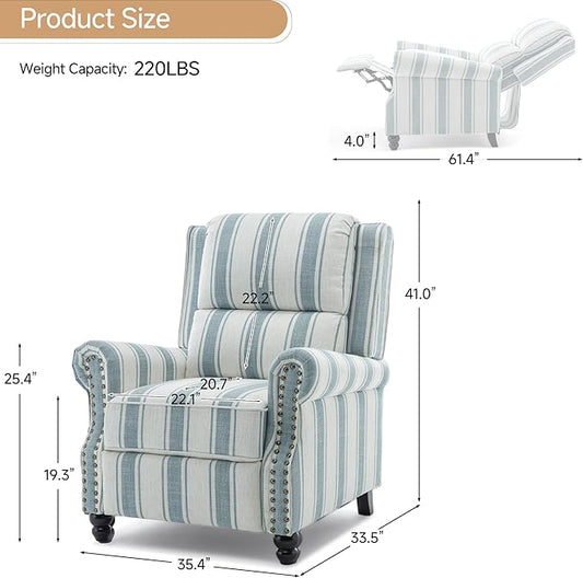 Lumibee Recliner Chair,Pushback Armchair for Small Spaces,Adjustable Backrest & Footrest Accent Chair in Comfy Fabric for Living Room, Bedroom-Stripe Blue