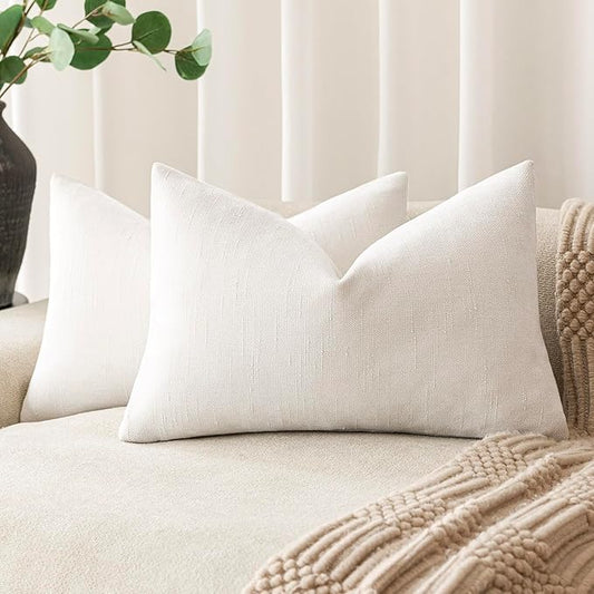 Foindtower Pack of 2 Soft Textured Chenille Throw Decorative Pillow Covers Lumbar Accent Solid Cushion Cover Neutral Farmhouse Pillow Case for Couch Sofa Bedroom Living Room 12x24 Inch, Ivory White