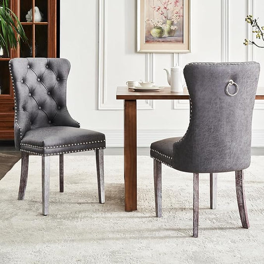 Leather Dining Chair Set of 2, Dining Room Chairs with Nailhead Ring Pull Trim, Upholstered Dining Chairs with Solid Wood Legs for Kitchen Dining Room (Grey)