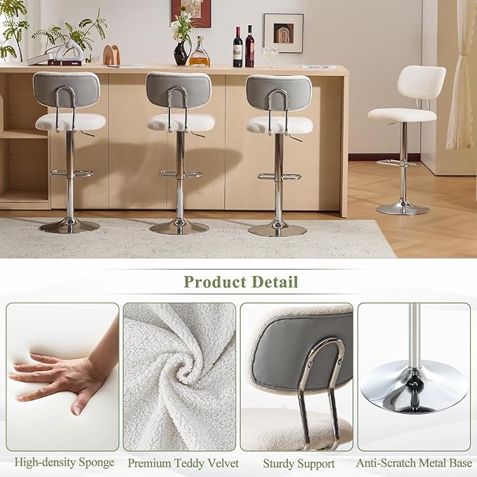 Furniliving Adjustable Bar Stools Set of 4, Modern Teddy Velvet Swivel Barstools with Curved Back, Stylish Armless Counter Height Bar Stools Bar Chairs for Kitchen Island, Bar, Grey