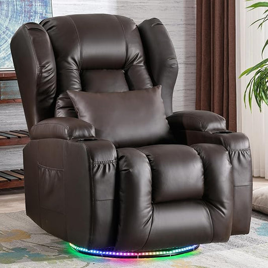 Power Swivel Rocker Recliner Chairs, Electric Wall Hugger Reclining Sofa with Massage & Heat, Comfy Theater Seating Single Sofa with LED Light/USB/Type-C Ports (Leather Brown, Single Chair)