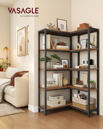 VASAGLE 5 Tier Bookshelf with Metal Frame, Convertible Industrial Corner Shelf, 9.4 x 40.2 x 55.9 Inches, for Living Room, Bedroom, Home Office, Rustic Brown and Ink Black ULLS605KD01
