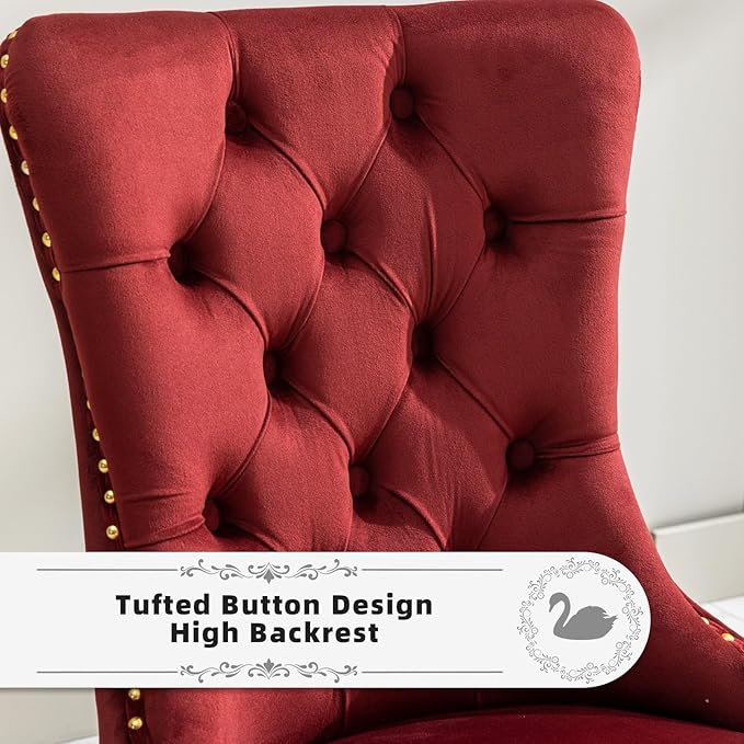 Velvet Upholstered Dining Chairs Set of 6, Modern Style Kitchen Side Chairs with Nailhead Trim and Gold Plated Leg, Metal Pulling Ring for Dining Room Living Room(Wine Red-Gold Plated Leg)