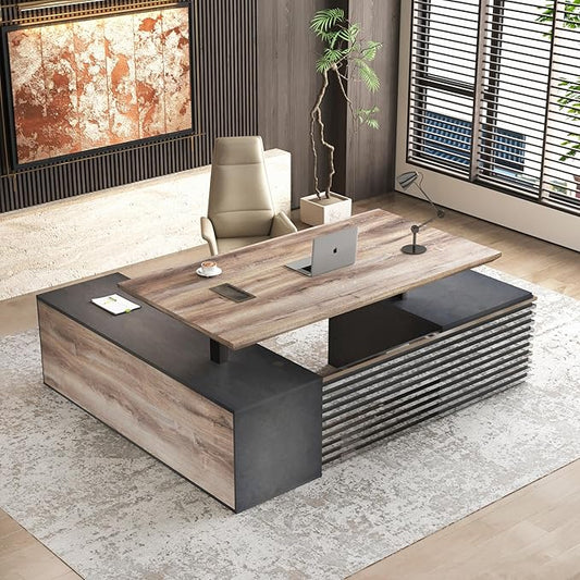 86.61" L Shaped Standing Executive Desk and 63" lateral File Cabinet, Large Adjustable Heigh Office Computer Desk with 3 Drawers,2.3" Desktop,Business Workstation,Black and Warm Oak
