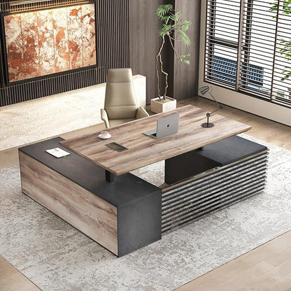 70.87" L Shaped Standing Executive Desk and 63" lateral File Cabinet, Large Adjustable Heigh Office Computer Desk with 3 Drawers,2.3" Desktop,Business Workstation,Black and Warm Oak