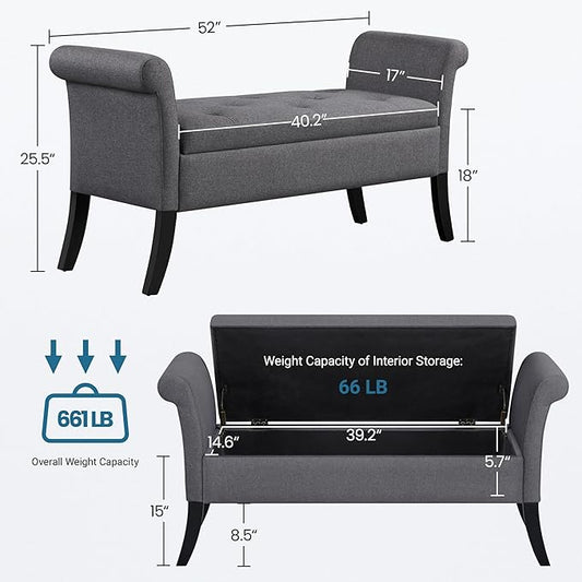 Yaheetech Ottoman with Storage, 52" Storage Ottoman Bench with Safety Hinge, Upholstered Bench with Seating for Bedroom, Living Room, Holds up to 661 lb, Dark Gray