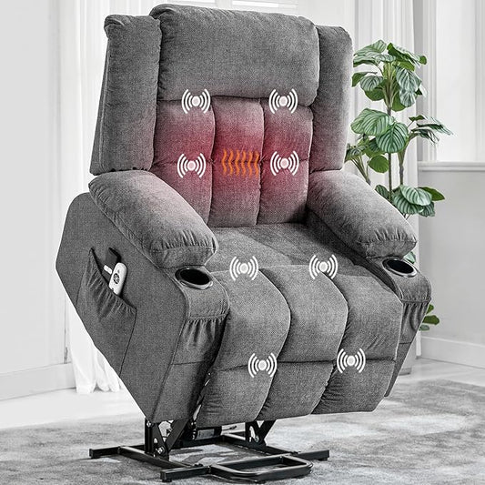 Large Power Lift Recliner Chair for Elderly Wide Electric Lift Chair with Massage and Heat for Big and Tall Adults Reclining Sofa Chair with Remote Control, Cup Holders, Side Pockets, USB Port, Gray