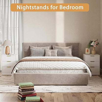 3-Piece Modern Bedroom Furniture Set, Wide 8-Drawer Dresser & 3-Drawer Nightstands Set of 2, Natural Wood Dresser and Nightstand Sets for Bedroom, Hallway, White