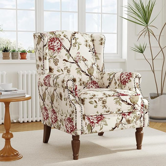 Accent Chair, Upholstered High Back Floral Armchair with Nailhead Trim & Wood Legs, Comfy Wingback Reading Single Sofa Chair for Small Spaces, Living Room, Bedroom-Pink Floral, Set of 1