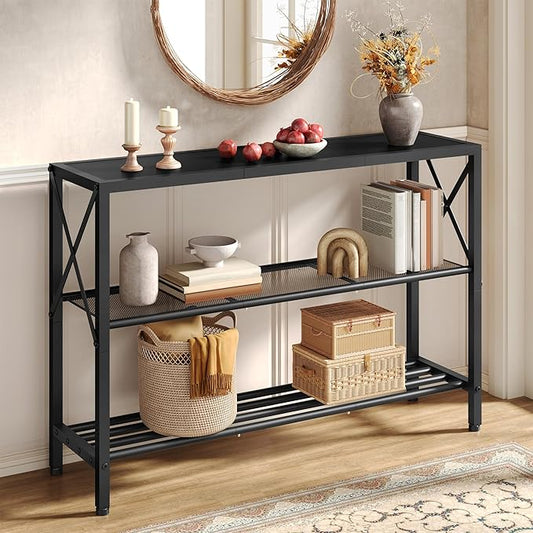 Hoctieon Industrial Console Table, 3 Tier Entryway Table, Hallway Table, Narrow Sofa Table with Shelves, Entrance Table for Entryway, Living Room, Foyer, Hallway, Office, Black