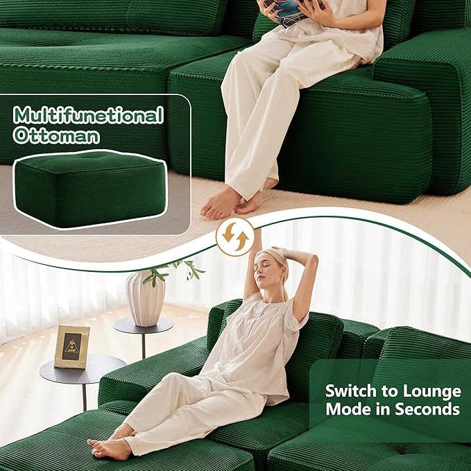 150.4” Green Boneless Couches for Living Room, Modular Sectional Sofa with L-Shape Chaise, 4 Seater Comfy Upholstered Deep Seat Corduroy Fabric Cloud Couch No Assembly, Anti-Slip Design