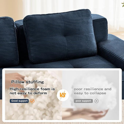 150.4” Blue Boneless Couches for Living Room, Modular Sectional Sofa with L-Shape Chaise, 4 Seater Comfy Upholstered Deep Seat Corduroy Fabric Cloud Couch No Assembly, Anti-Slip Design