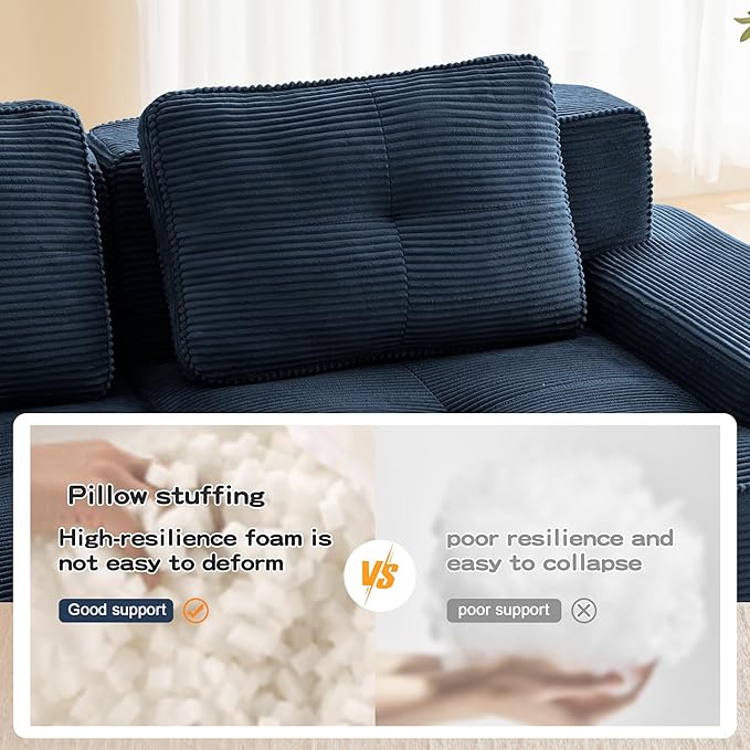 80.3” Blue Boneless Couches for Living Room, Modular Sectional Sofa, 2 Seater Comfy Upholstered Loveseat Deep Seat Corduroy Fabric Cloud Couch No Assembly, Anti-Slip Design