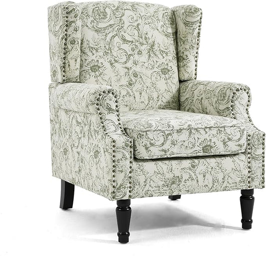 UIXE High Back Accent Chair, Fabric Upholstered Armchair for Living Room, Floral Printed Wingback Arm Chair with Solid Wood Legs, Retro Nailhead Trim Single Sofa Bedroom Reading Seat - Rococo Green