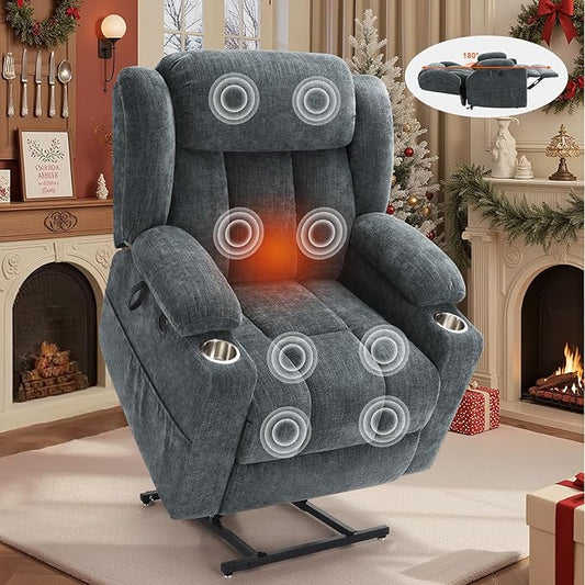 Dual Motor Power Lift Recliner Chair for Elderly, Heavy Duty Steel Chenille Fabric High-Density Sponge, USB & Type-C Port Blue Standing Assistance Reclining Chair with Massage and Heat