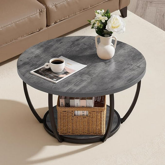 VEVOR Coffee Table, Modern Round Coffee Table, 2 Tiers Wooden Circle Center Desk with Open Storage, Minimalist Sturdy Metal Frame Accent End Desk for Living Room, Office, Easy Assembly, Grey