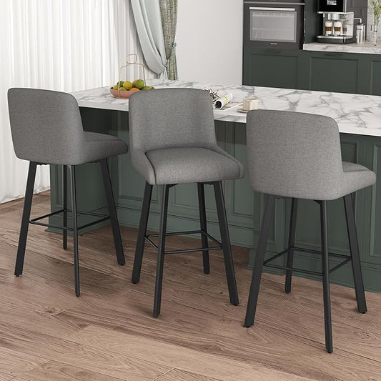 Swivel Bar Stools Set of 3, 30''H Upholstered Barstools with Backs, Modern Counter Height Bar Stool Chairs for Kitchen Island, Metal Legs, Fabric, Gray Counter Stools