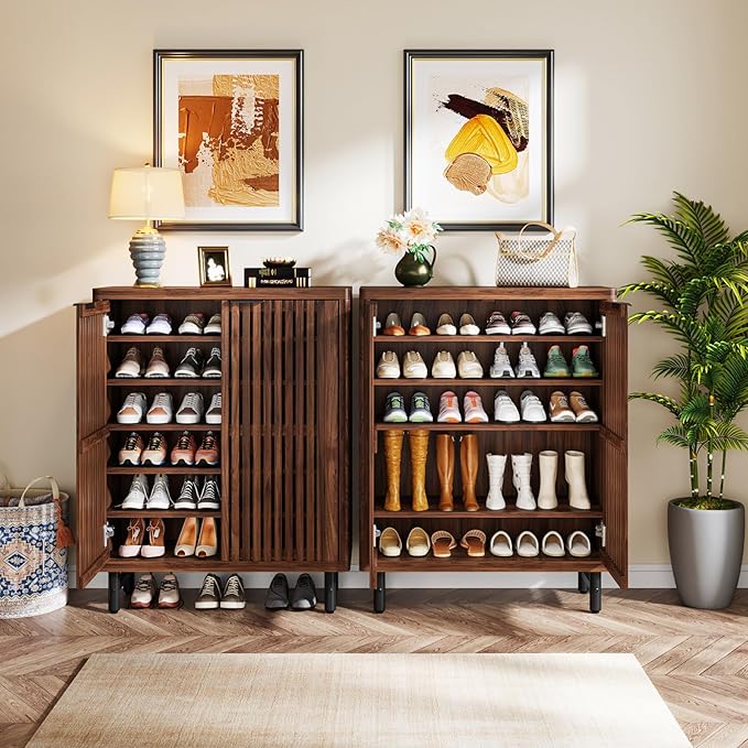 Tribesigns 6-Tier Farmhouse Shoe Cabinet with Shutter Doors, Wooden Shoe Organizer Rack with Adjustable Shelves, Modern Large Hidden Storage Furniture for Entryway, Hallway (Brown&Black)