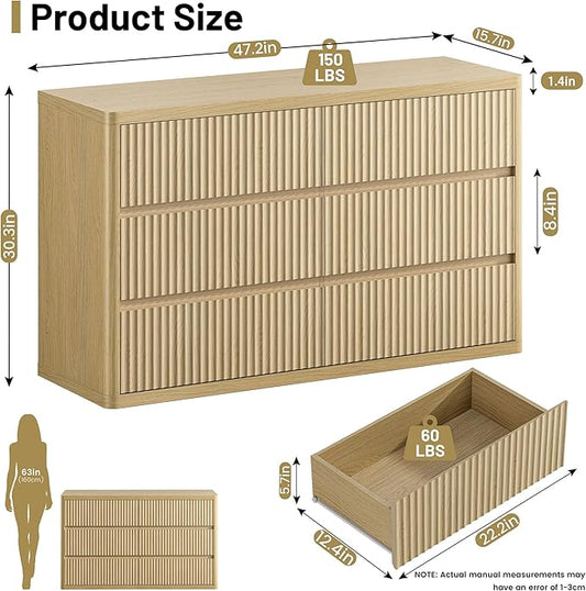 Fluted Dresser with 6 Drawers for Bedroom, 48" Wide Wooden Chest of Drawers with Natural Curved Profile Design, Modern Dresser TV Stand, Wood Closet Clothes Storage Organizer