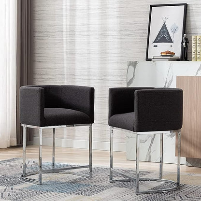 Contemporary Charcoal Linen Bar Stools Set of 3, 24" Upholstered Fabric Counter Height Barstools Kitchen Counter Island Stools with Screwed Together Chrome Finish Base