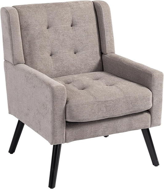 Mid-Century Modern Accent Chair, Plush Linen Fabric with Button Tufted High Back & 5" Thick Cushion, High Comfort Reading Chair for Living Room, Bedroom, Office (Light Gray)