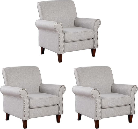 Prilinex Upholstered Living Room Chair Set of 3 - Large Comfy Fabric Accent Chair Single Sofa with Cushion, Rolled Armrest & Nailhead Trim, Mid Century Modern Armchair for Bedroom, Office, Grey