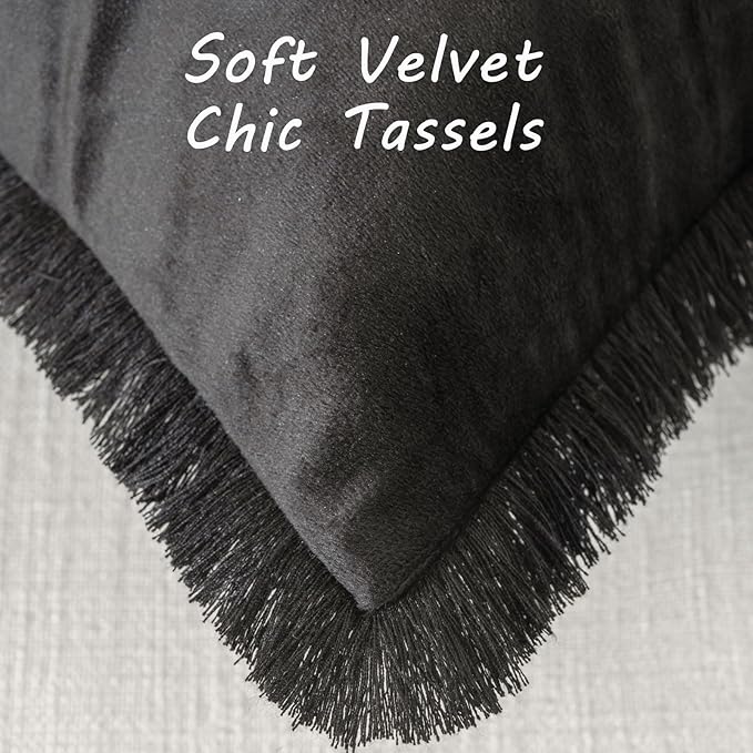 FUTEI Black Velvet Decorative Throw Pillow Covers 26x26 Set of 2,Soft Cozy Edge with Tassels Euro Pillow Shams,Boho Modern Home Decor for Couch Bed Living Room