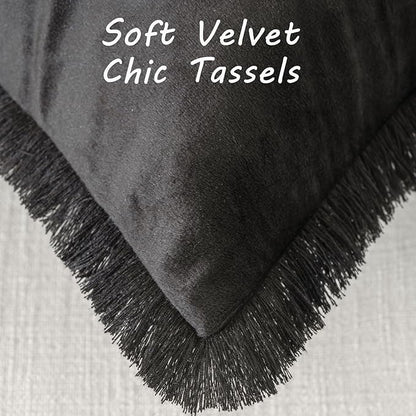 FUTEI Black Velvet Decorative Throw Pillow Covers 20x20 Set of 2,Soft Cozy Edge with Tassels Cushion Case,Boho Modern Home Decor for Couch Bed Living Room