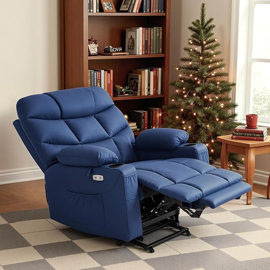 MCombo Oversized Power Lift Recliner Chair with Extended Footrest for Elderly People, Faux Leather R7289 (Navy Blue, Oversize)