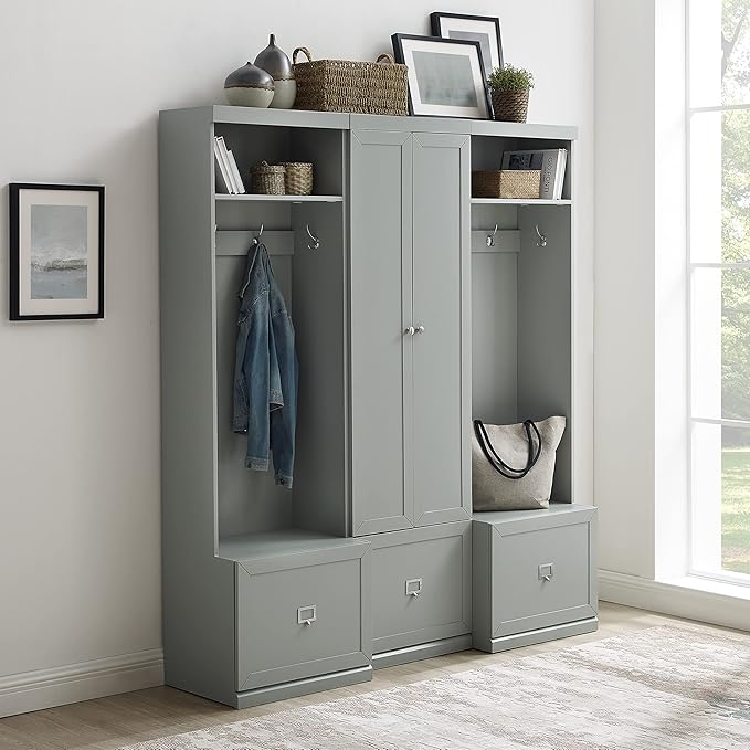 Crosley Furniture Harper 3-Piece Hall Tree and Storage Cabinet Set with Entryway Bench and Hooks for Hanging, Gray