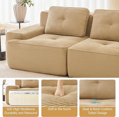 150.4” Camel Boneless Couches for Living Room, Modular Sectional Sofa with L-Shape Chaise, 4 Seater Comfy Upholstered Deep Seat Corduroy Fabric Cloud Couch No Assembly, Anti-Slip Design