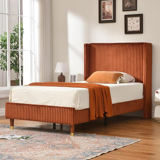PINJU Twin Size Bed Frame, Upholstered Platform Bed with Modern Vertical Striped Wingback Headboard with Wooden Slats, Easy to Assemble No Noise Free (OCHER, Twin)
