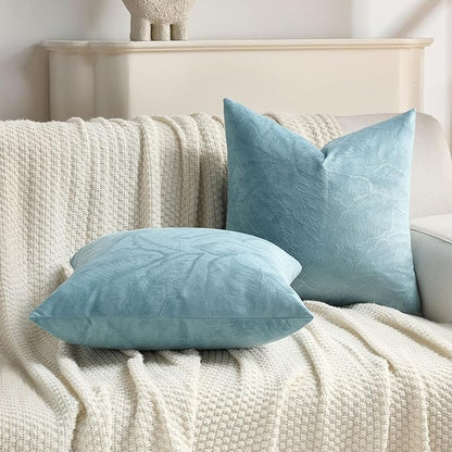 FUTEI Grey Blue Velvet Throw Pillow Covers 24x24 Inch Set of 2,Soft Embossed Leaf-Relief Textured European Cushion Cases,Natural Home Decor for Couch Living Room
