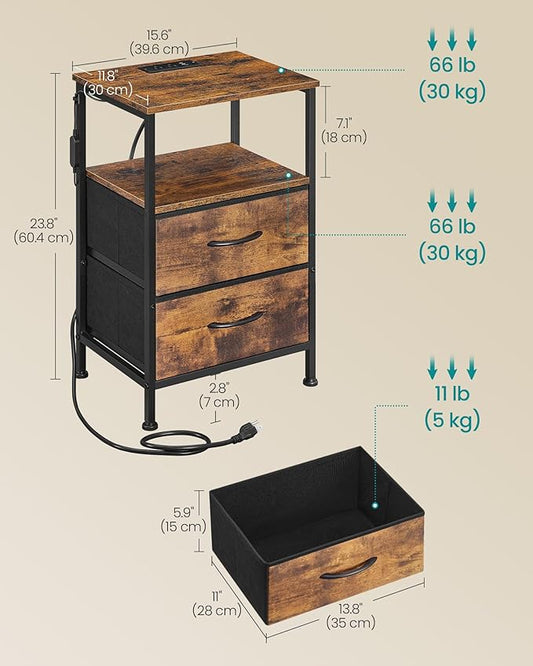 SONGMICS BELLAH Collection - Nightstand with Charging Station and App-Controlled Adjustable LED Lights, Bed Side Table, 2 Drawers and 1 Open Shelf, Bedroom, Rustic Brown and Ink Black ULGS302KD01S