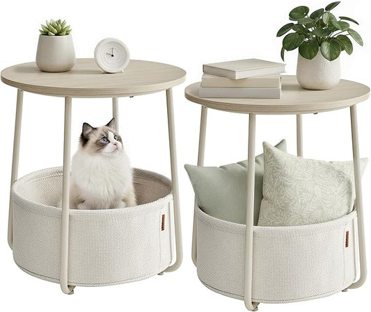 VASAGLE LILEA Collection - Small Round Side End Table, Modern Nightstand with Fabric Basket, for Living Room, Bedroom, Set of 2, Cream White ULET225LL01S