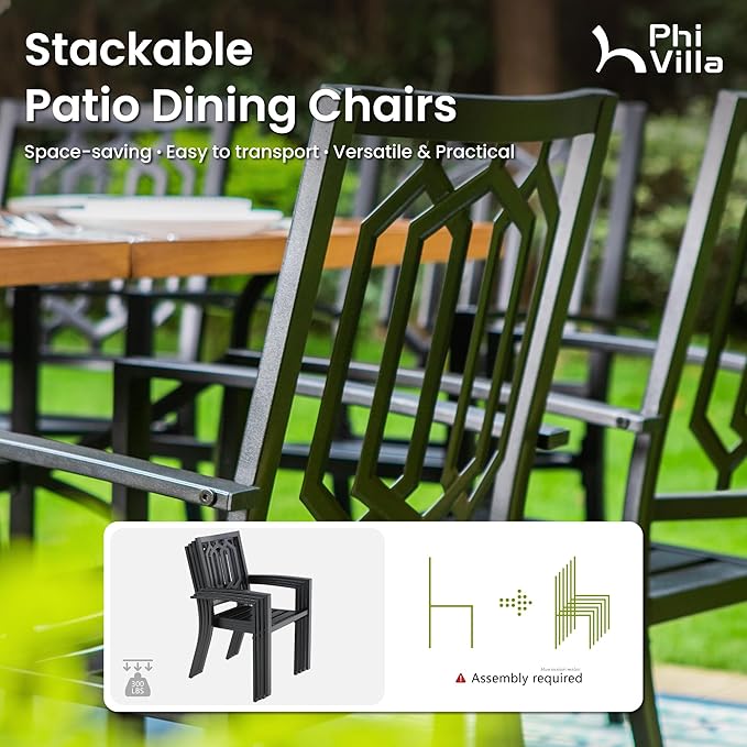 PHI VILLA Set of 4 Stackable Wrought Iron Patio Dining Chairs, Portable Black Outdoor Bistro Deck Metal Chairs, Support 300 lbs, Ideal for Garden, Backyard, Lawn