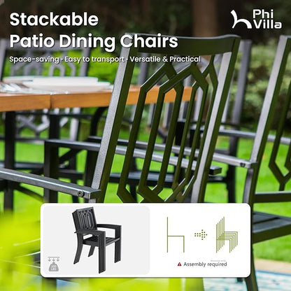 PHI VILLA Set of 2 Stackable Wrought Iron Patio Dining Chairs, Portable Black Outdoor Bistro Deck Metal Chairs, Support 300 lbs, Ideal for Garden, Backyard, Lawn