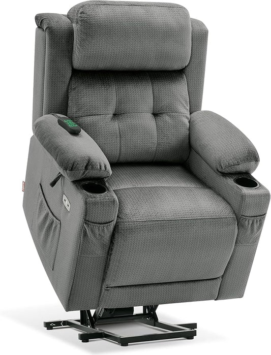 MCombo Small Triple Motor Power Lift Recliner Chair with Massage and Heat for Petite Elderly People, Adjustable Headrest, Infinite Position, USB Ports, Fabric 7664 (Grey, Small)