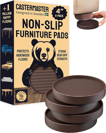 CasterMaster Non Slip Rubber Furniture Cups for Hardwood Floors - 4x4 Brown Round Caster Pads - Heavy Furniture Leg Cups - Set of 4