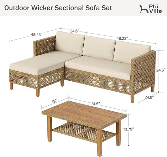 PHI VILLA Wicker Patio Furniture Set, Sectional Outdoor Sofa with Cushions and Acacia Wood Coffee Table, L-Shaped Small Patio Conversation Set, Beige