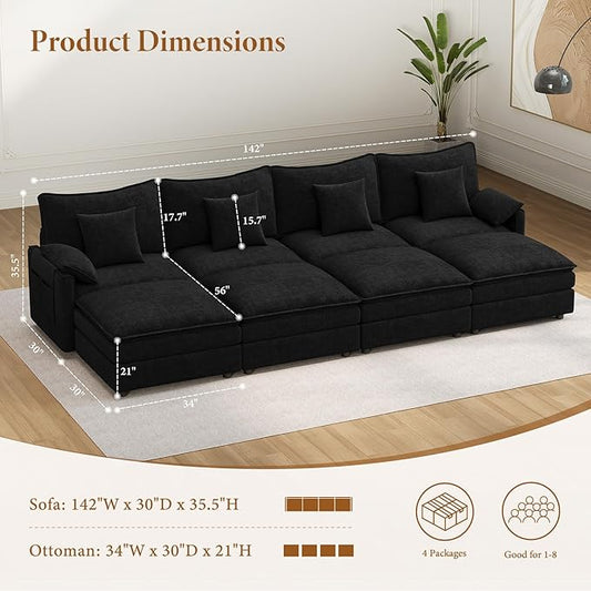 Vesgantti 142" Oversized Sectional Sofa Bed, 8-Seater Modular Sleeper Cloud Couch with Movable Ottoman, Chenille Convertible Sofa Set Deep Seat Couches for Living Room, Bedroom and Apartment, Black