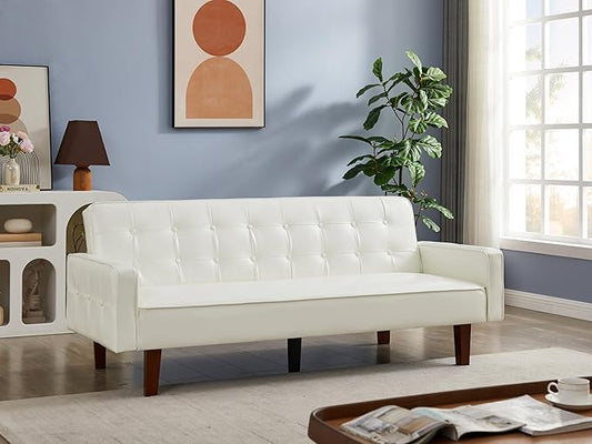 74" Loveseat Sofa with Vintage Button Tufting, Faux Leather Convertible Sleeper Futon Sofa Bed with Spring Cushion and Wood Legs for Apartments, Offices, Reception Areas, Living Rooms, White