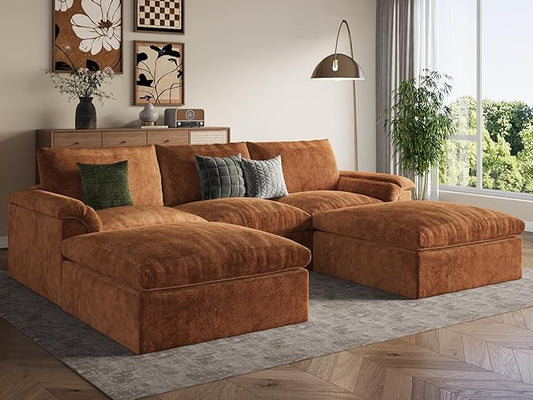 EASE MOOSE Oversized Cloud Couch Sectional Sofa, U-Shaped Modular Couch for Living Room, Minimalist Boneless Convertible Couches with Ottoman, 5-Seat Deep Sofas for Bedroom, Chenille (Brown)