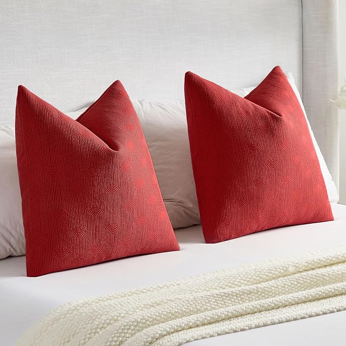 FUTEI Christmas Red Chenille Decorative Throw Pillow Covers 26x26 Inch Set of 2,Soft Cozy Striped Geometric Patterns Euro Pillow Shams,Modern Home Decor for Couch Bed Living Room