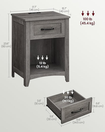 VASAGLE LIRY Collection - Farmhouse Nightstand with Charging Station, Bedside Table, Side Table with Drawer, Open Compartment, for Bedroom, Misty Gray ULET659G68