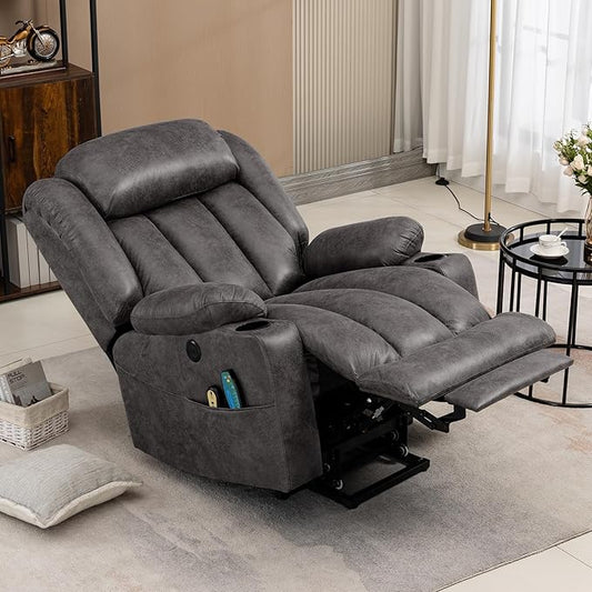 VIVIJASON Tall Man Large Power Lift Recliner Chair with Massage and Heat for Elderly, Overstuffed Wide Electric Lift Recliner with Extended Footrest, 2 Cup Holder, Side Pockets & USB Ports (Grey)
