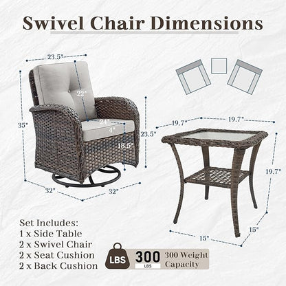 HUMMUH Outdoor Swivel Chairs,3 Pieces Patio Furniture Set with 360 Degree Wicker Swivel Rocking Chairs and Side Table for Garden,Porch,Backyard (Brown/Beige)