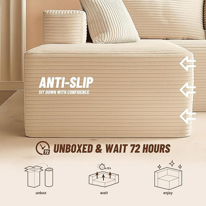 107" Boneless Couch with Deep Seat, Modular Sectional Sofa, Cloud Sectional Couch for Living Room, No Assembly Required, Corduroy, L-Shape Right，Camel